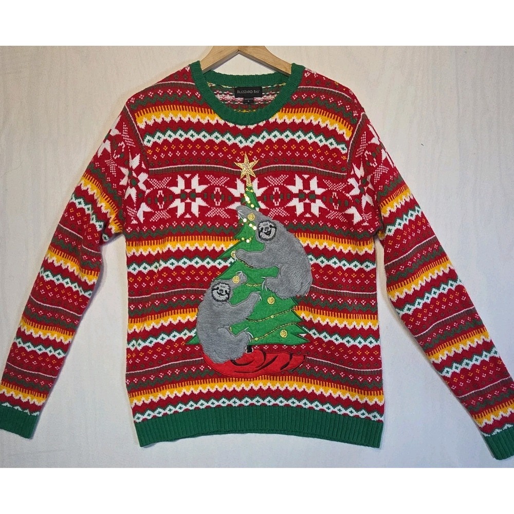 Blizzard Bay Large Ugly Christmas Sweater Sloth Tree Metallic Sparkle Holiday